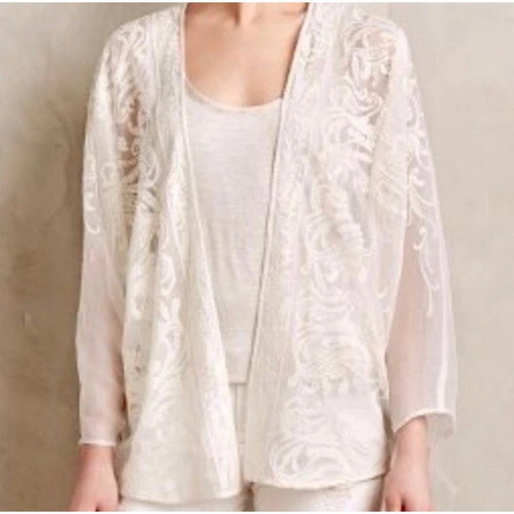 Anthropologie Beyond Vintage Ivory Sheer Embroidered Kimono Cardigan Floral XS/S